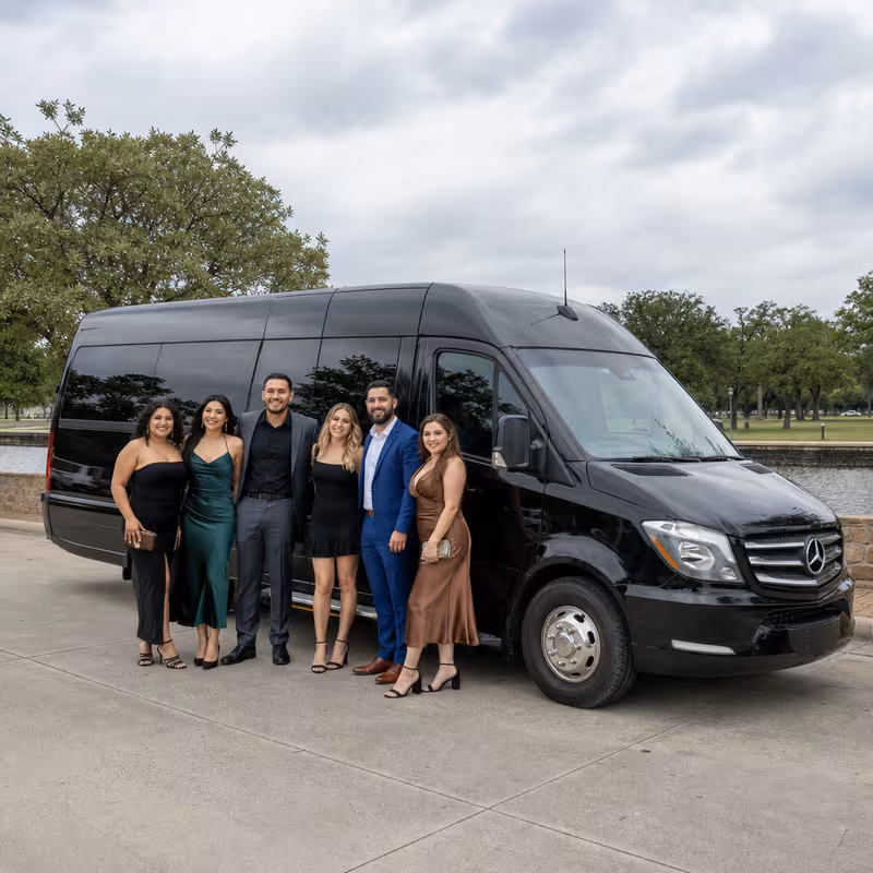 Group beside a Mercedes Sprinter limo from the Irving fleet