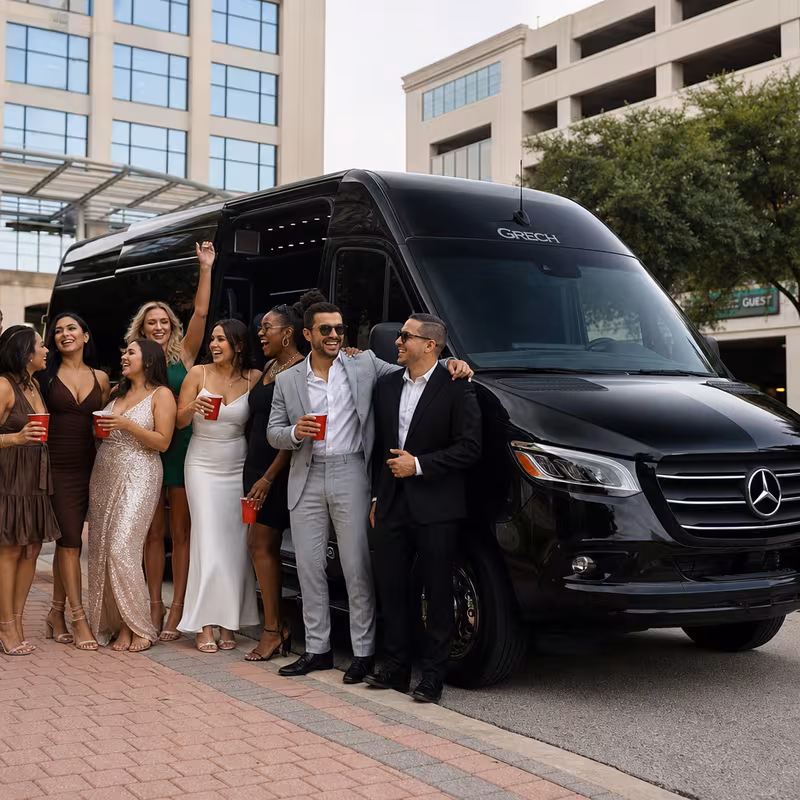 Group boarding a white charter bus for Bachelor & Bachelorette Transportation transportation in Irving