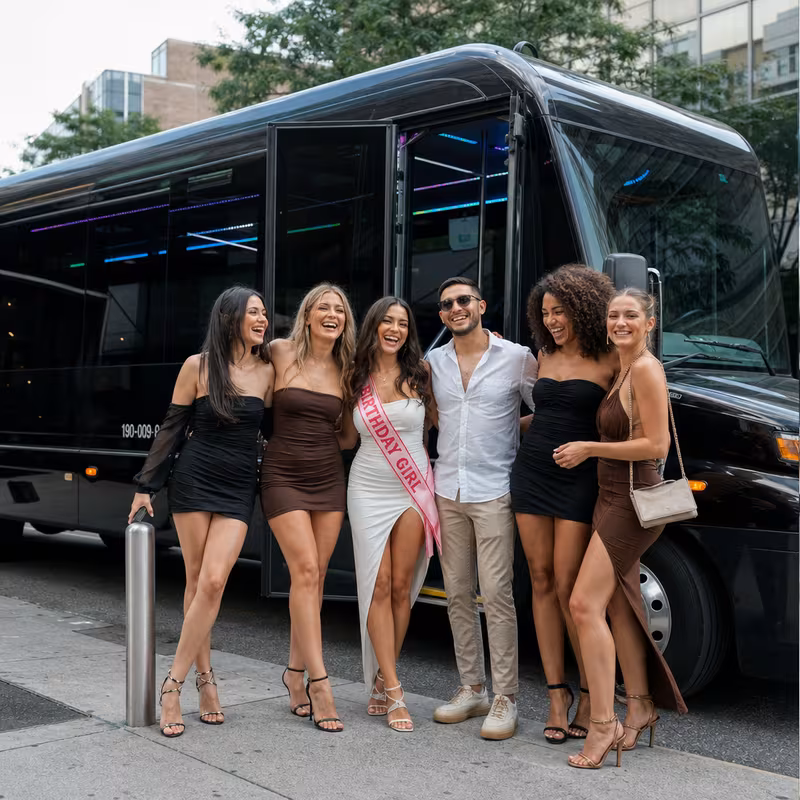 Group boarding a white charter bus for Birthday Transportation transportation in Irving