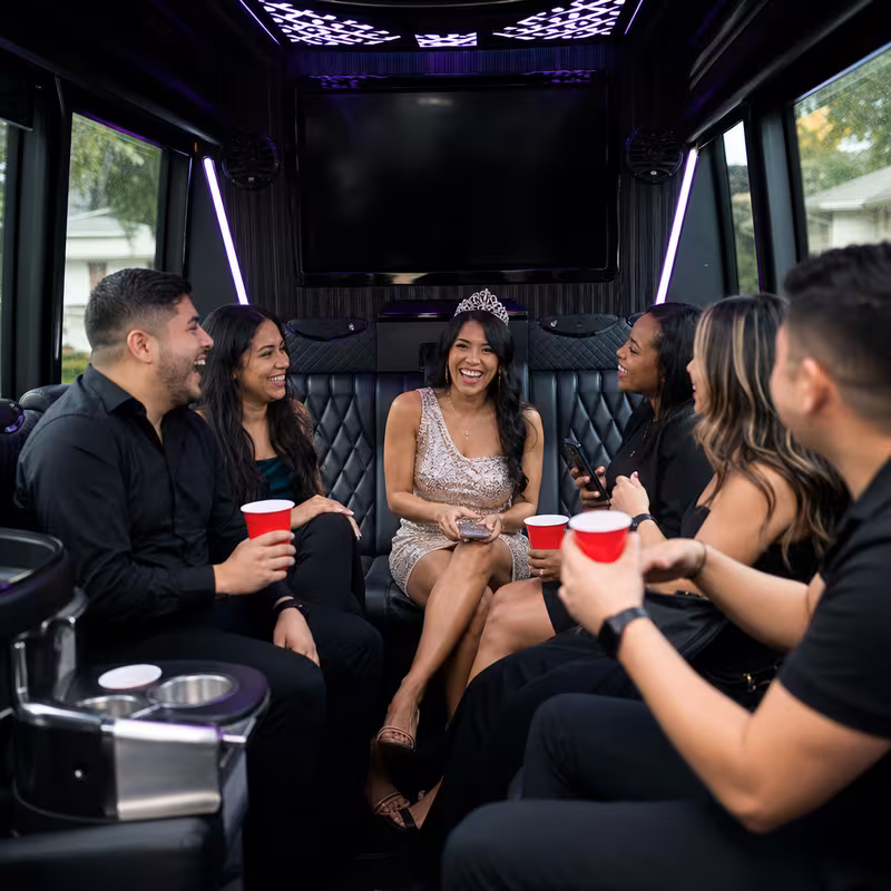 Black Mercedes Sprinter van staged for an Irving Birthday Transportation group