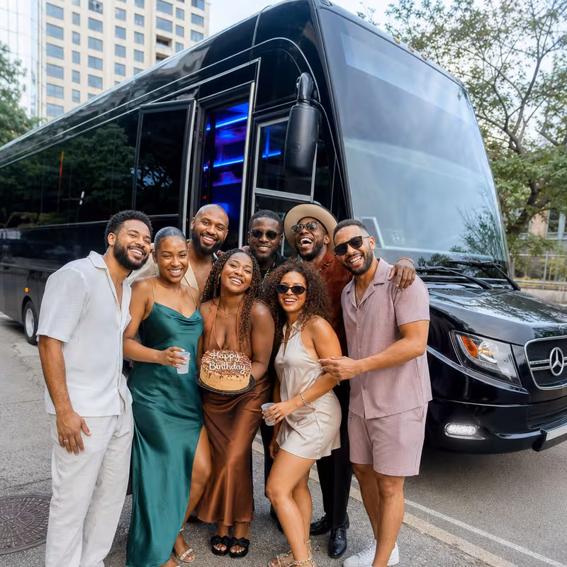 Party bus interior with wraparound leather seating and LED lighting in Irving