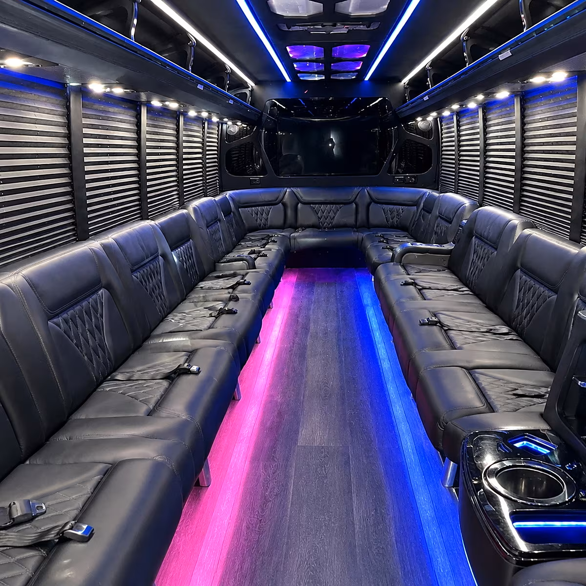 Interior of a party bus rental serving Irving