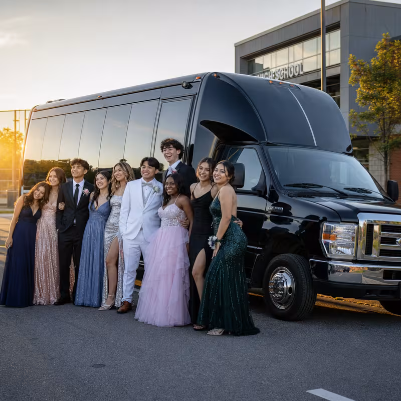 Group boarding a white charter bus for Prom & Homecoming Transportation transportation in Irving