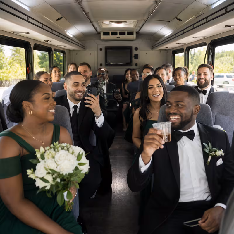 Group boarding a white charter bus for Wedding Transportation transportation in Irving