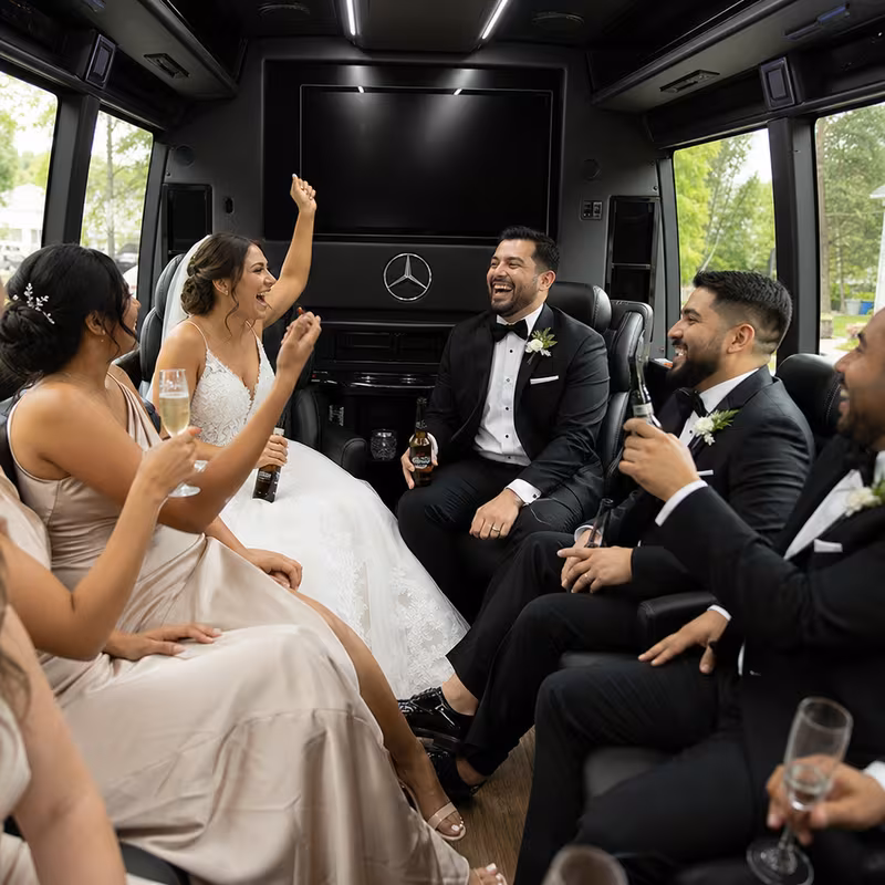 Black Mercedes Sprinter van staged for an Irving Wedding Transportation group